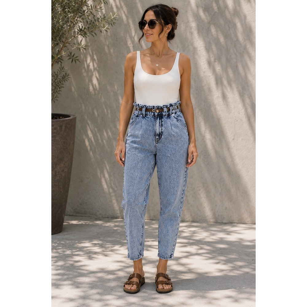Zara Womens Size 4 Acid Wash Paperbag Waist Mom Jeans‎ Light Blue Denim